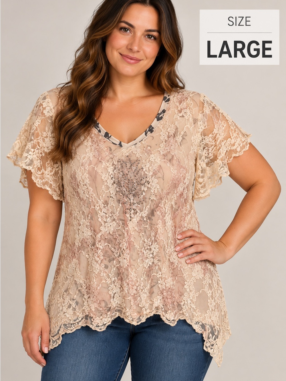 Brittany Black Blush Lace V-Neck Short Sleeve Top SIZE LARGE